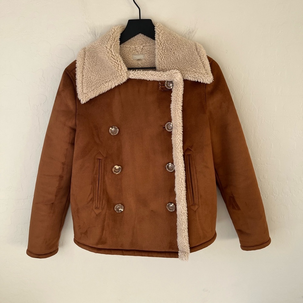 Mother Faux Shearling Peacoat Button Up Jacket Coat Tan Cream Size XS - Picture 3 of 8